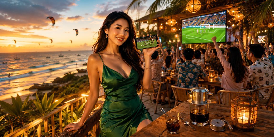 Khung cảnh Mũi Né buổi chiều với người dùng theo dõi kết quả cược thể thao trên điện thoại