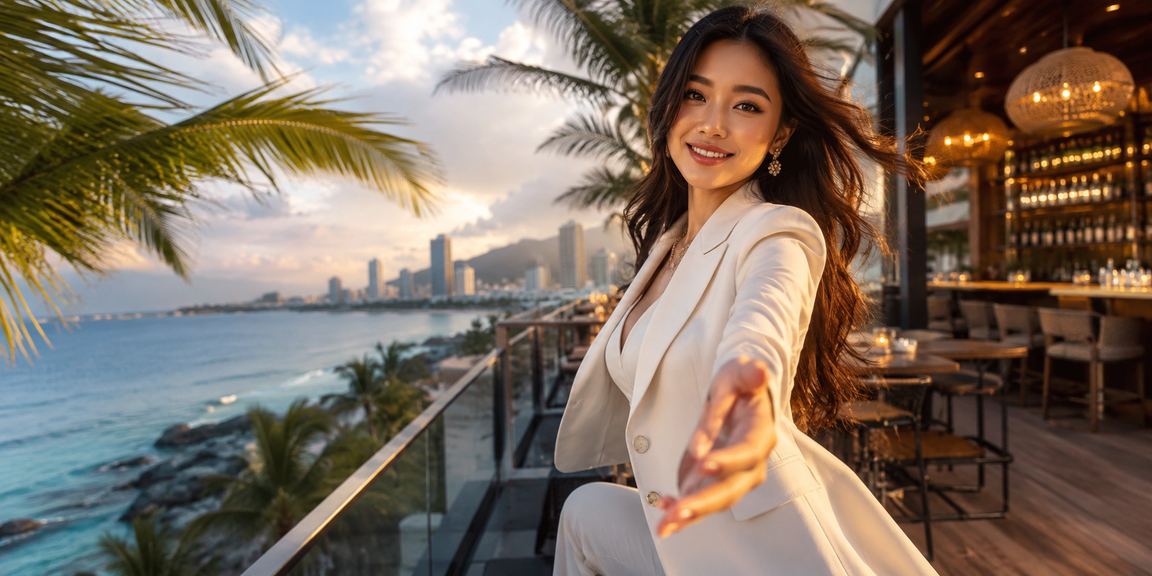 Bờ biển Nha Trang buổi chiều, du khách thư giãn và kiểm tra tài khoản VIP trên điện thoại